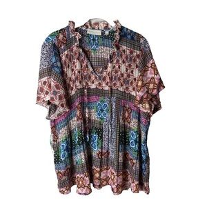 Sunny Leigh Blouse Plus Size 1X Top Tie Neck Short Sleeves Ruffles Pleated